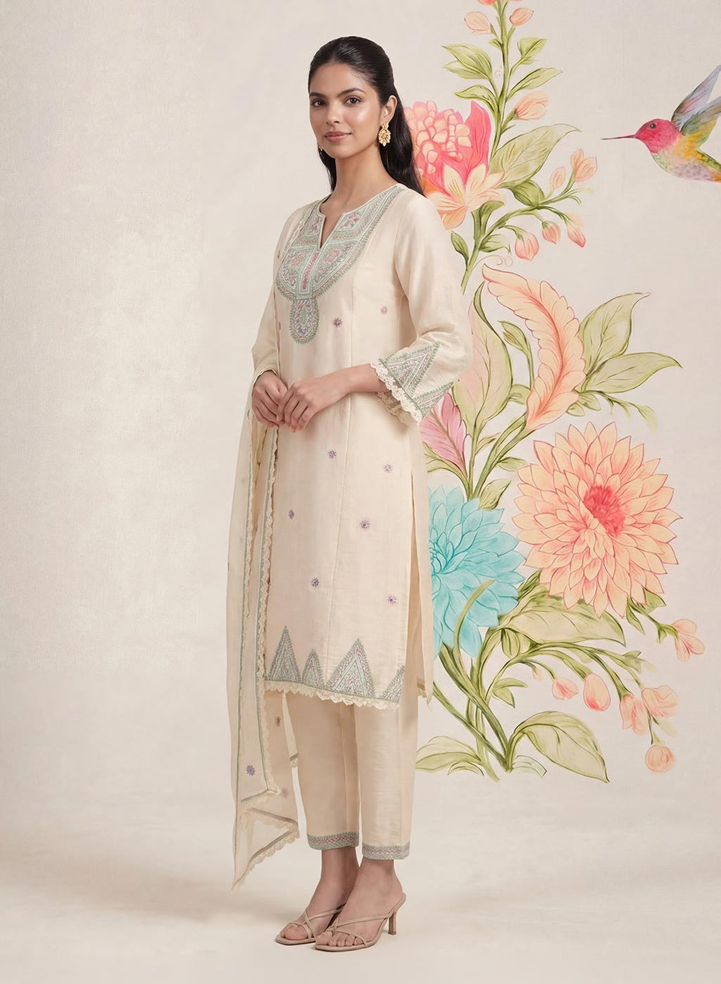 Albeli Ivory Embroidered A-line Suit Set with Dupatta