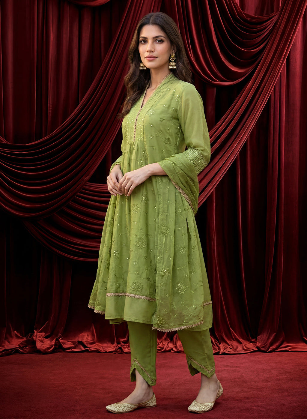 Spring Green Embroidered Chanderi Suit Set