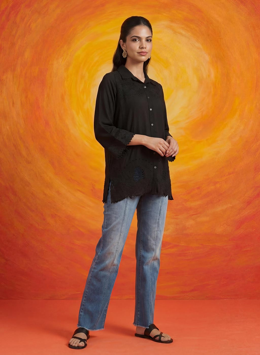 Nriti Black Embroidered Cotton- Blend Shirt