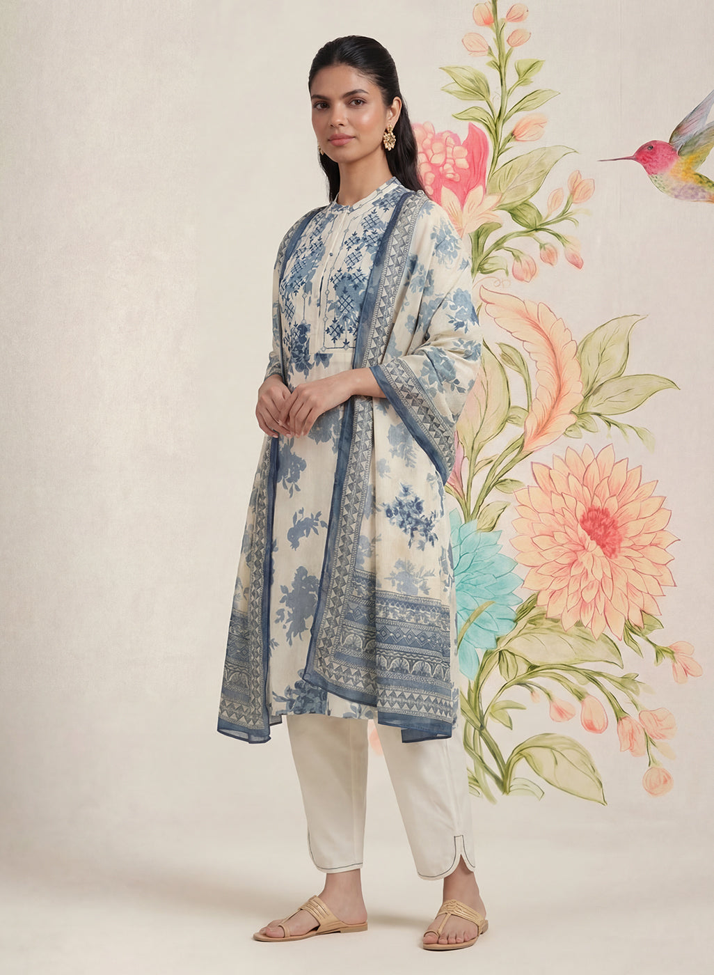 Falguni Blue Printed Cotton Suit Set with Dupatta