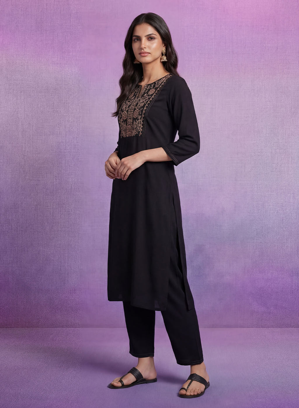 Black Cotton Blend Embroidered Co-ord Set