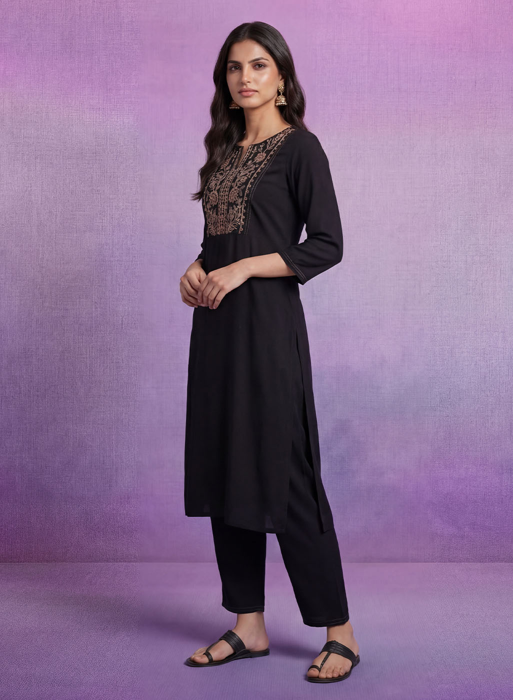 Black Cotton Blend Embroidered Co-ord Set