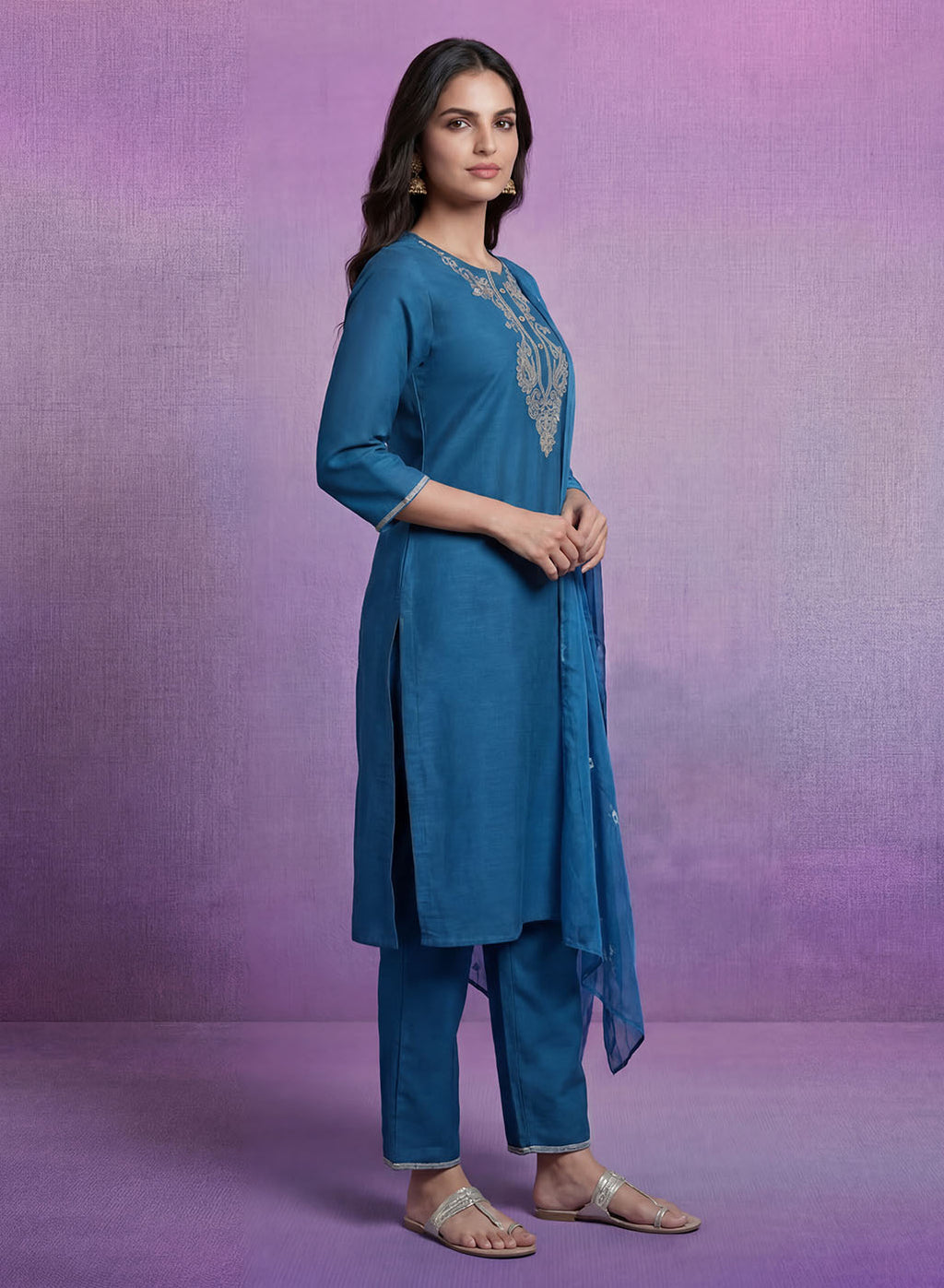 Blue Embroidered Straight Suit Set with Dupatta