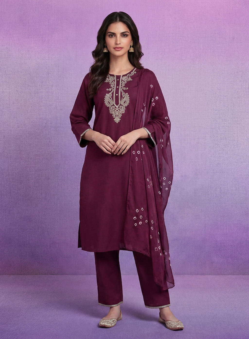Wine Embroidered Straight Suit Set with Dupatta