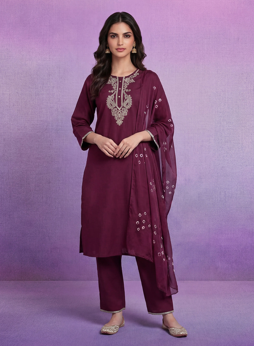 Wine Embroidered Straight Suit Set with Dupatta