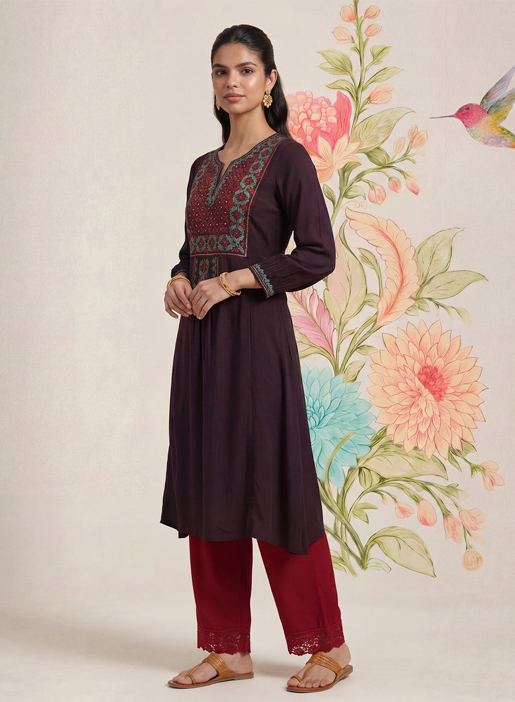 Jugni Wine Embroidered A-line Kurta