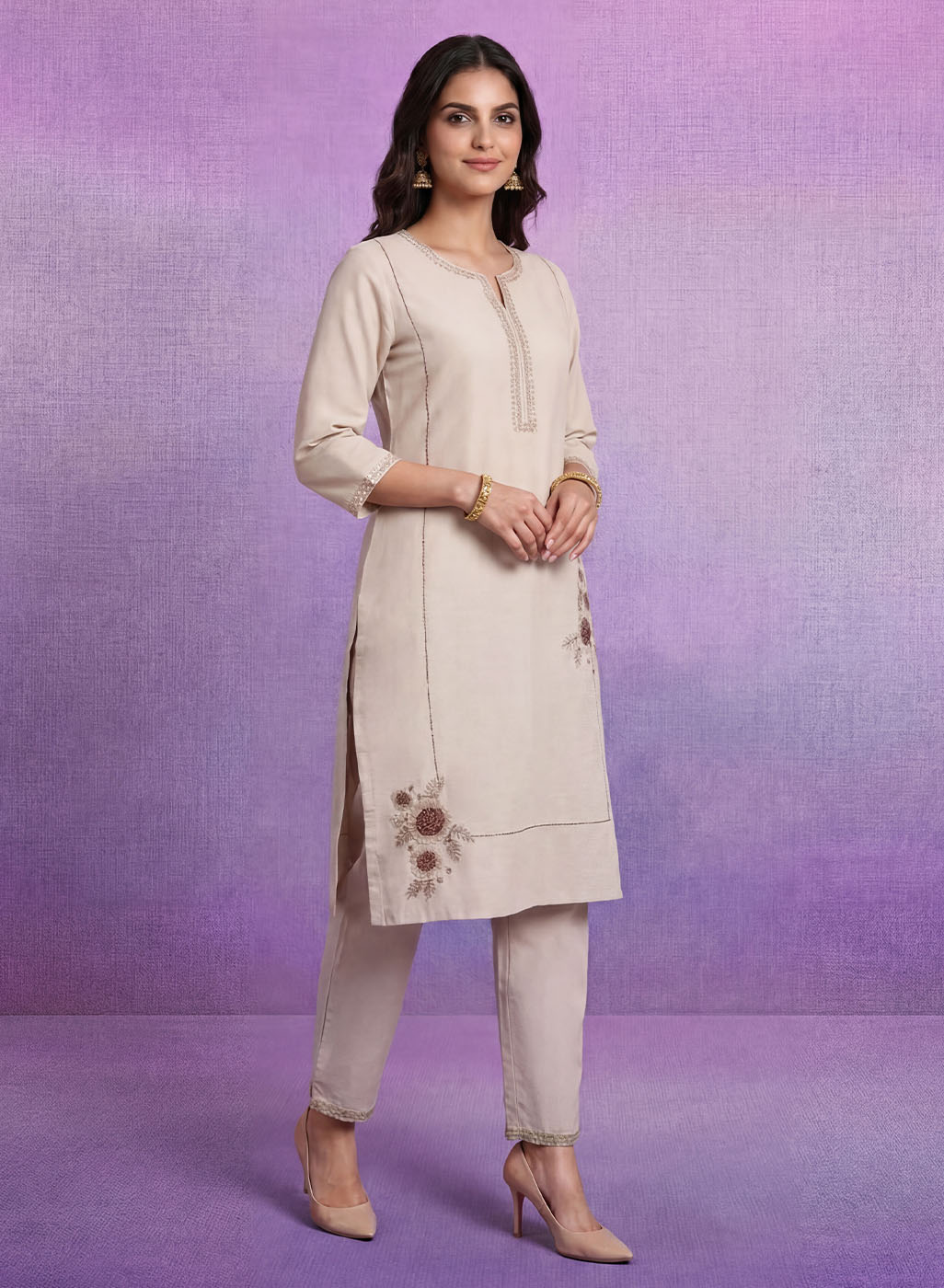 Ivory Cotton Blend Embroidered Kurta Set