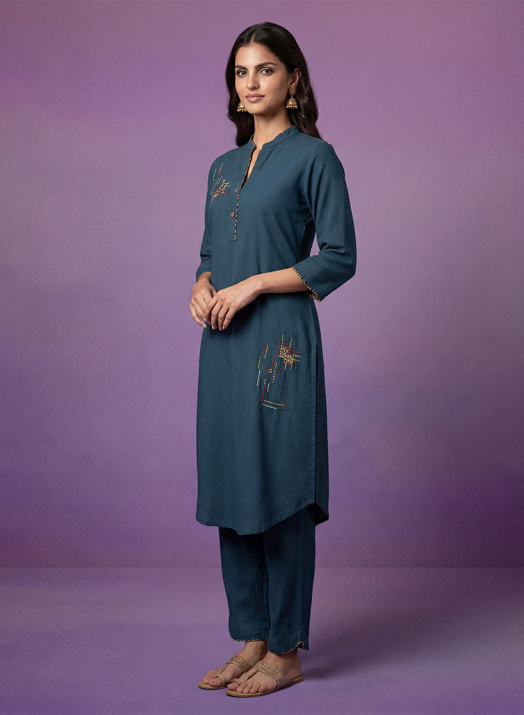 Teal Applique-work Kurta Set