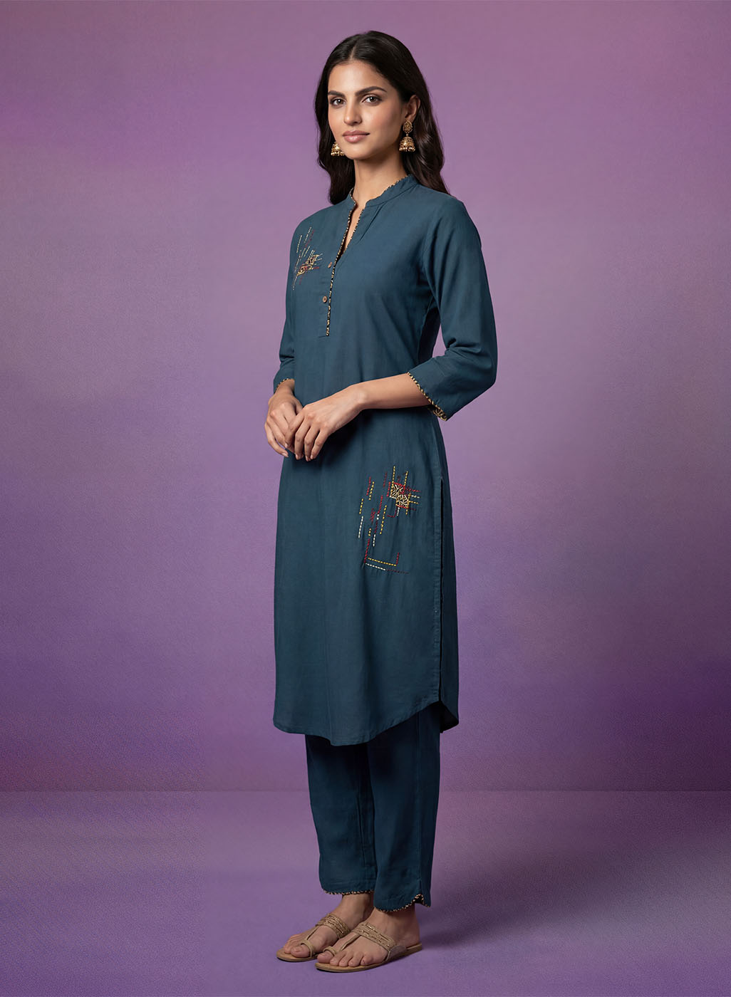 Teal Applique-work Kurta Set