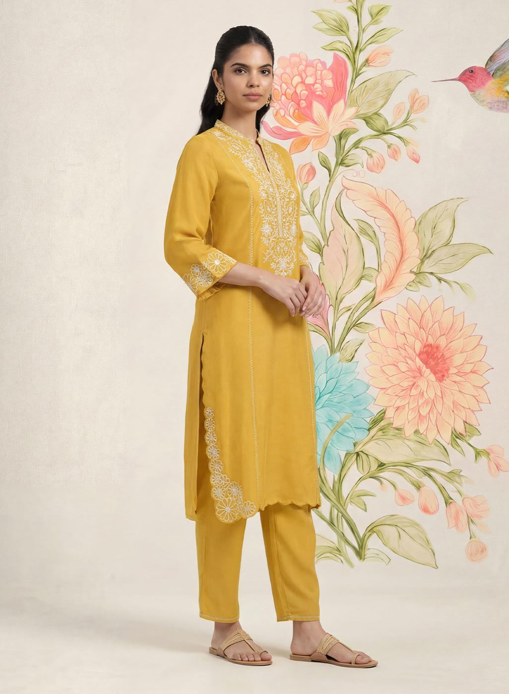 Saroja Yellow Embroidered A-line Kurta Set