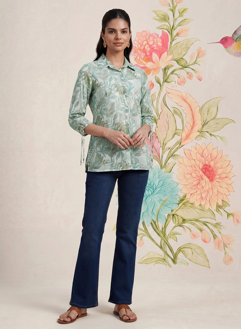 Aro Mint Green Floral Printed Shirt