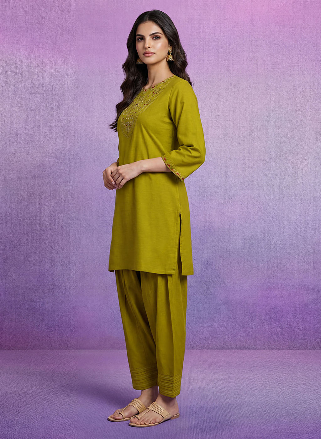 Green Embroidered Cotton blend Kurta Set