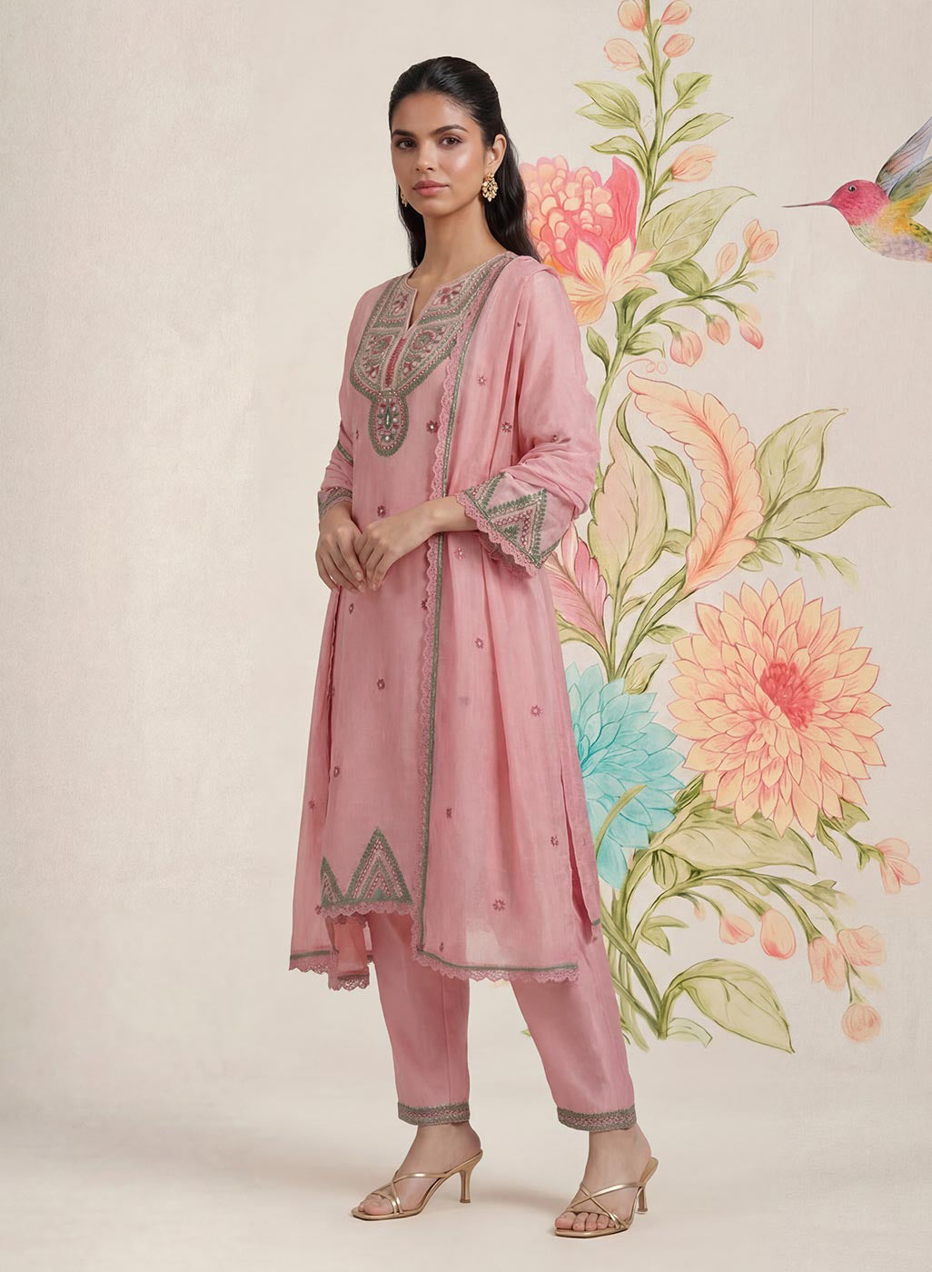 Albeli Baby Pink Embroidered A-line Suit Set with Dupatta