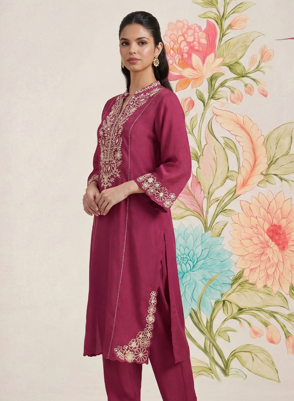 Saroja Dark Fuchsia Embroidered A-line Kurta Set
