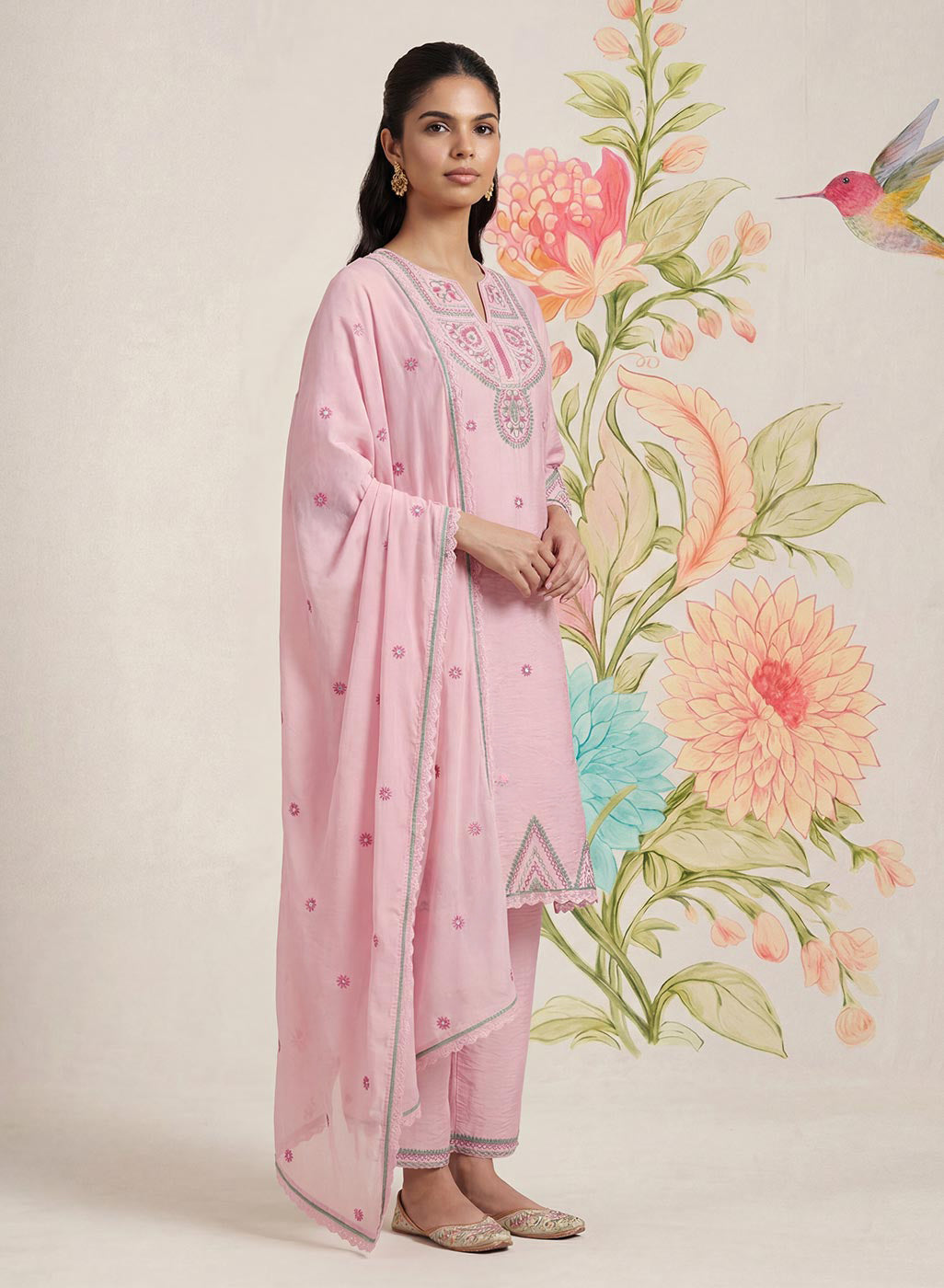 Albeli Pink Embroidered A-line Suit Set with Dupatta