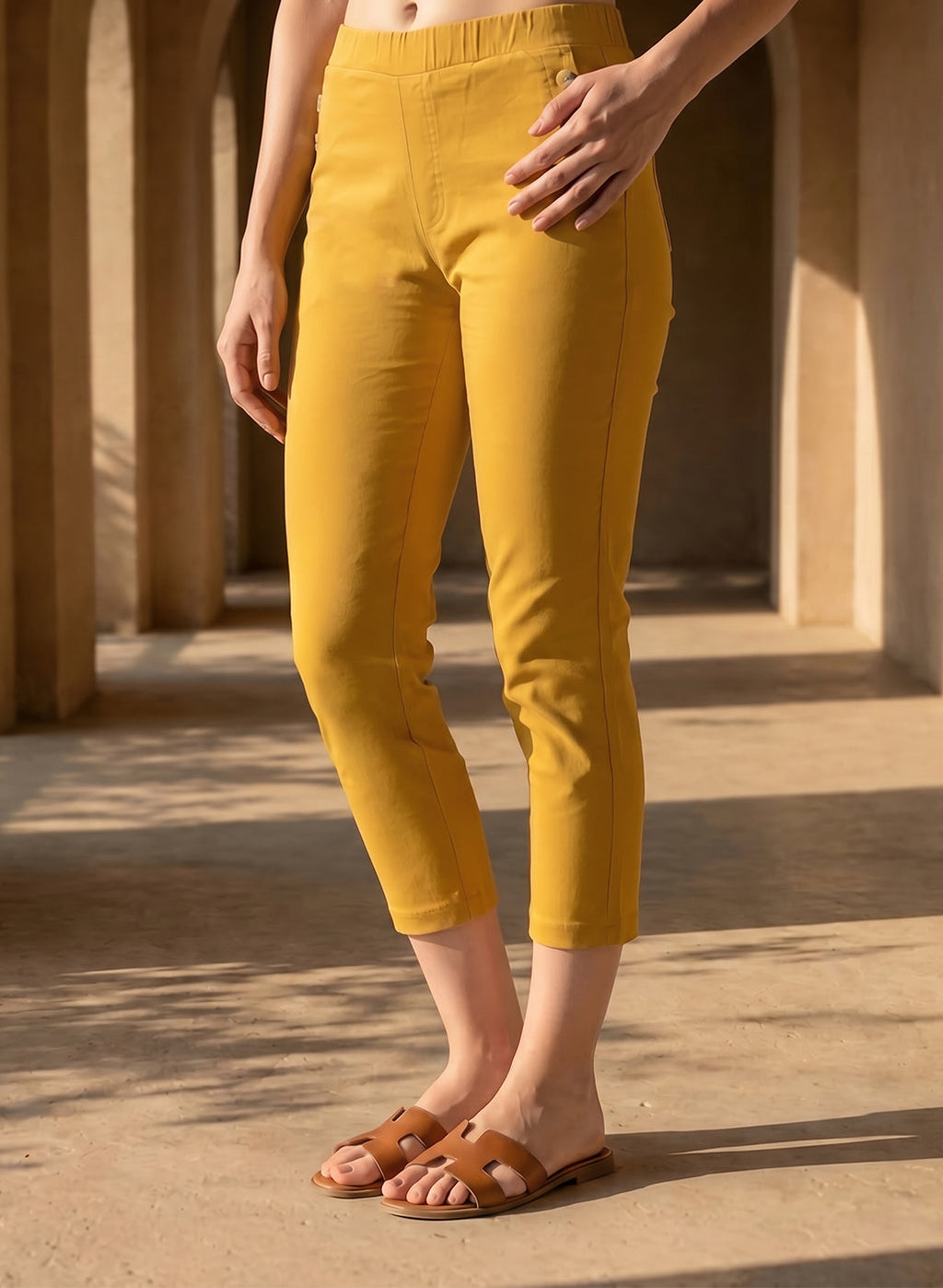 Mustard Cotton Blend Tapered Fit Capri