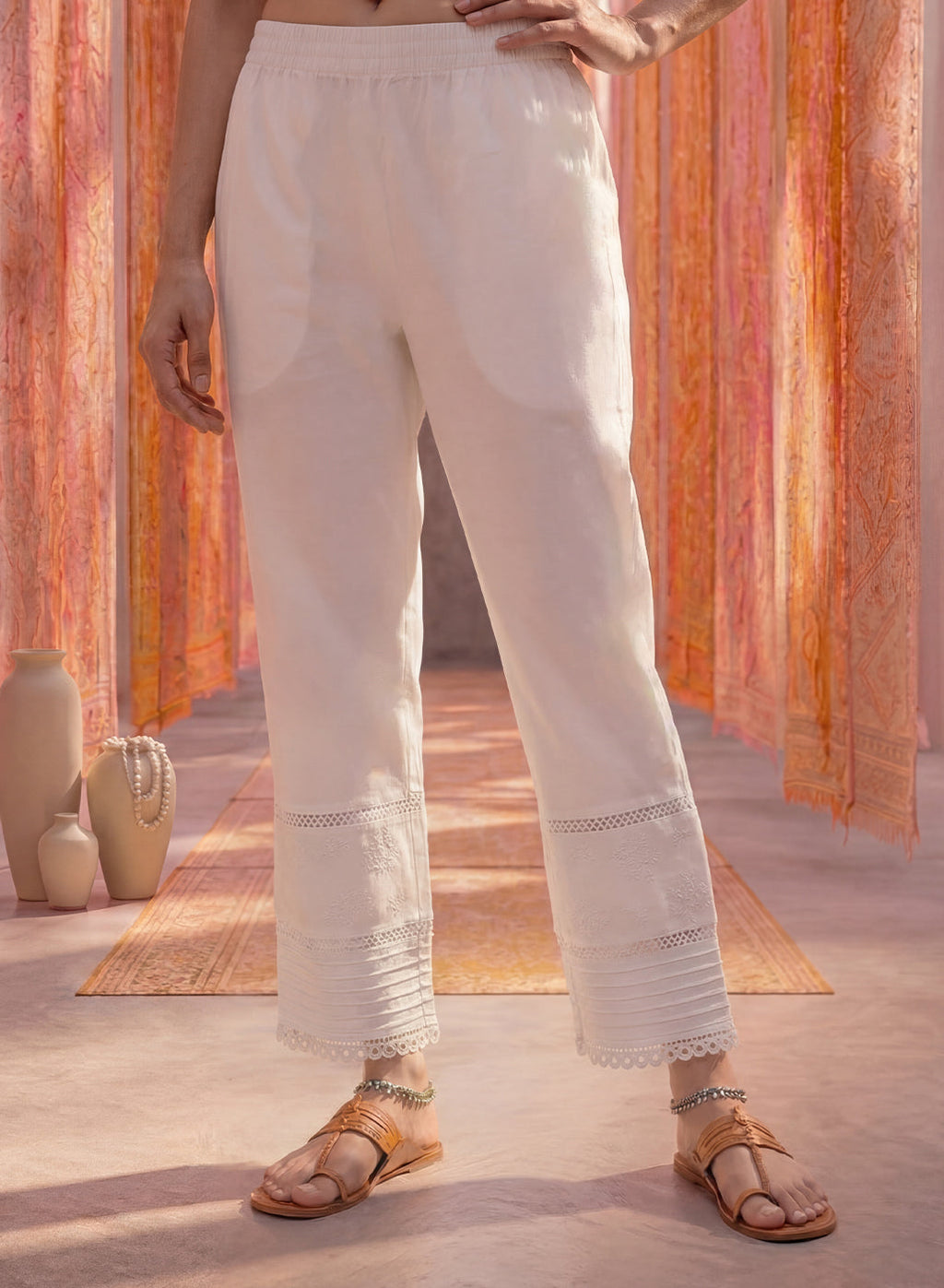 White Lycra Embroidered Straight-Fit Palazzos
