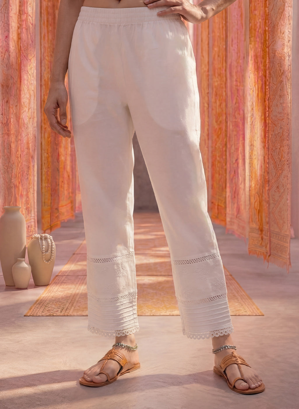 White Lycra Embroidered Straight-Fit Palazzos