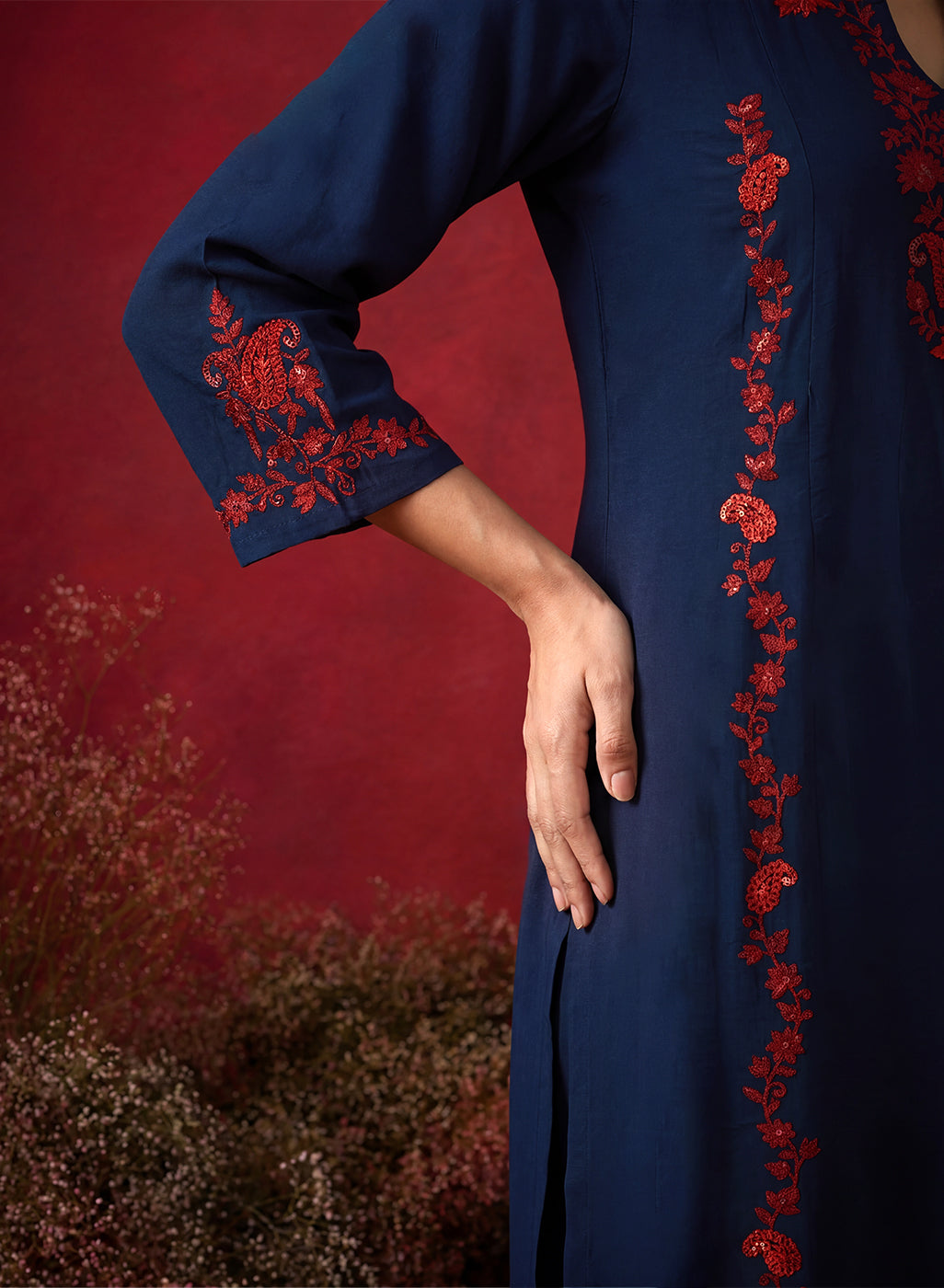 Navy Blue Embroidered Cotton Blend Everyday Kurta