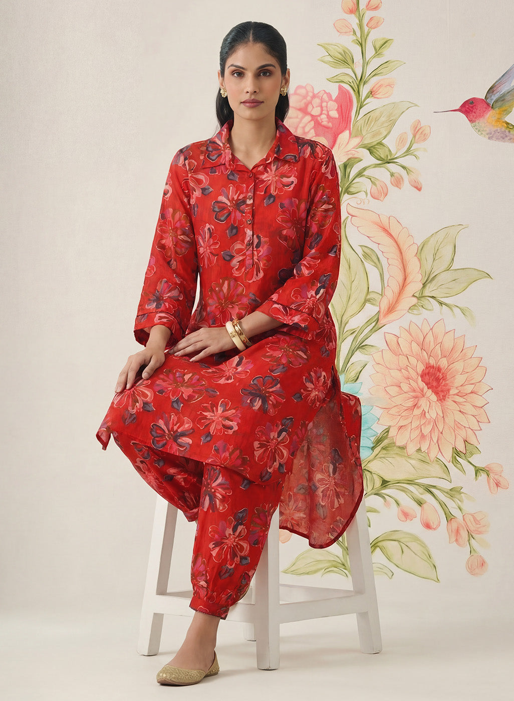 Khumari Red Printed Cotton Blend Co-ord Set