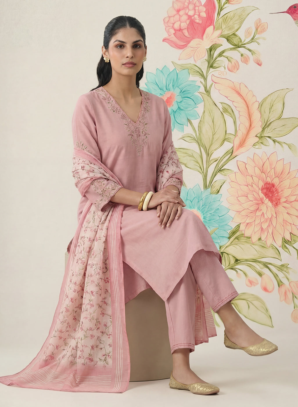 Afsana Pink Cotton Bend Embroidered A-line Suit Set with Dupatta