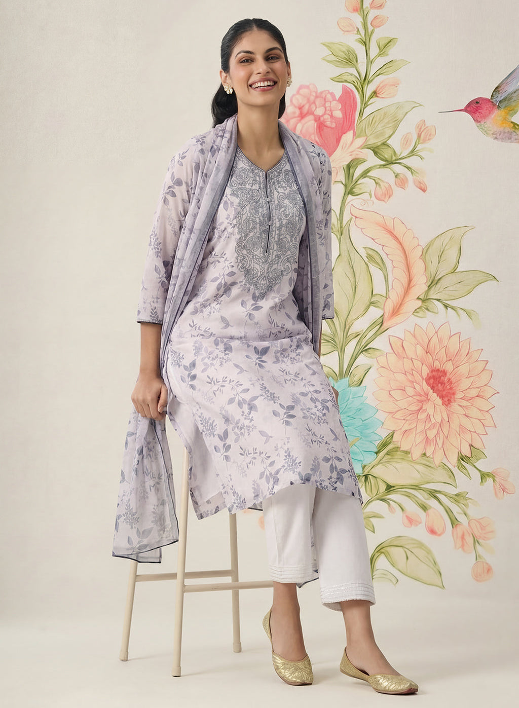 Kavya Grey Printed Chanderi Suit Set with Dupatta