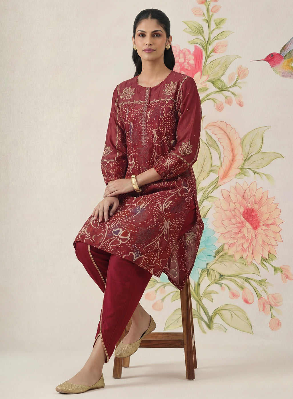 Jhumri Maroon Cotton Blend Printed Co-ord Set