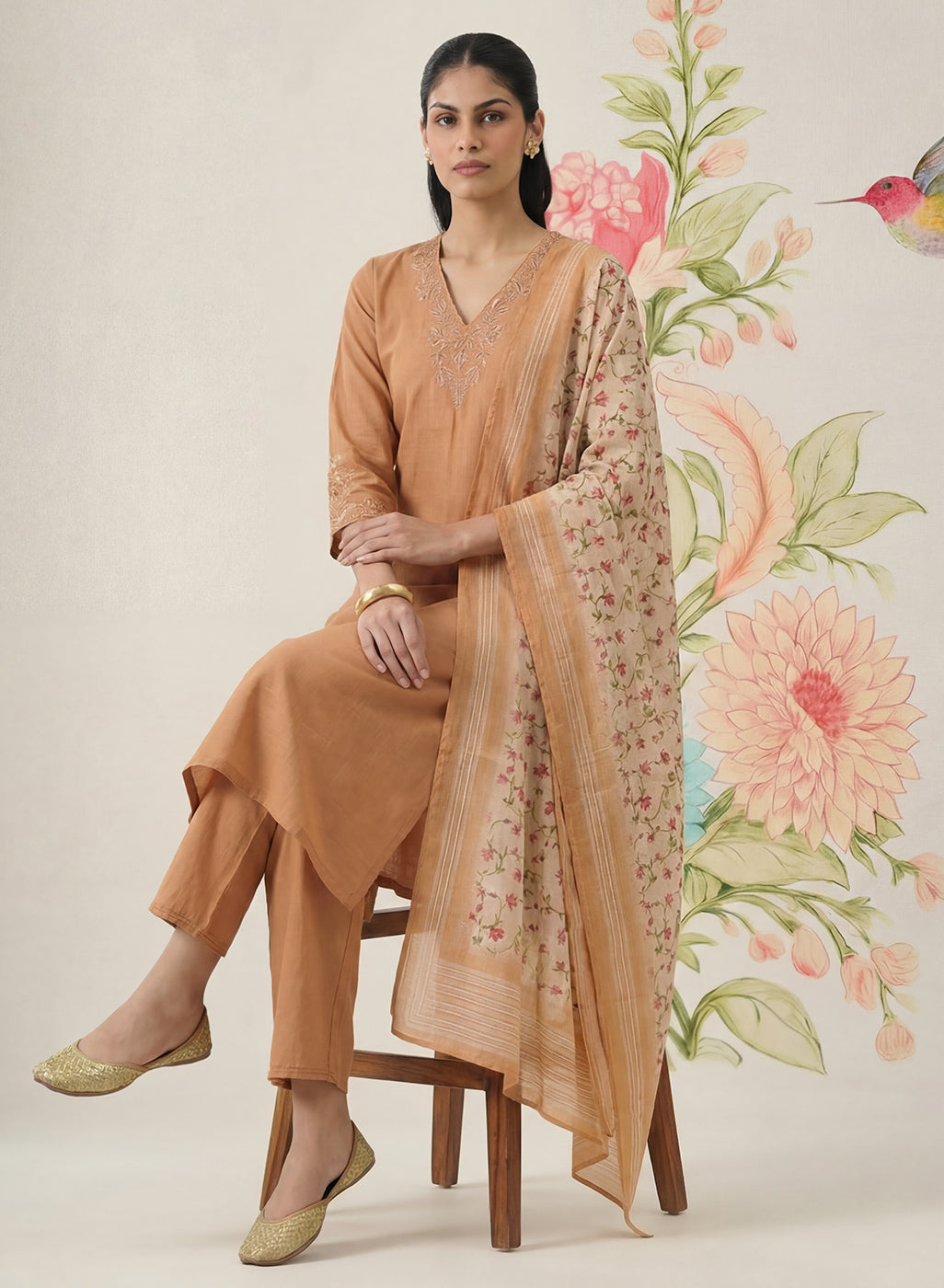 Afsana Mustard Cotton Bend Embroidered A-line Suit Set with Dupatta