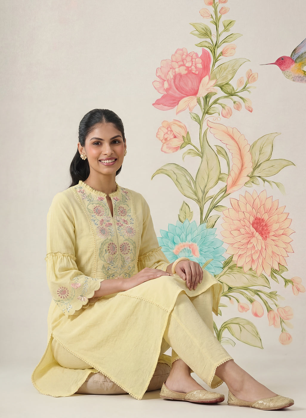 Agasti Butter Yellow Embroidered Kurta Set