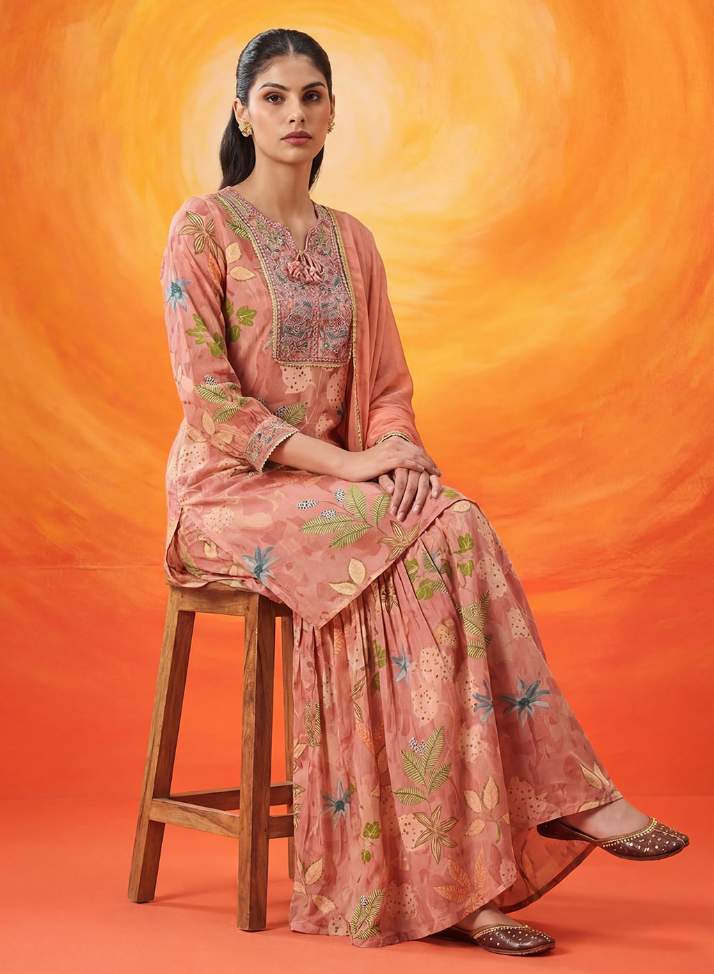 Manjari Peach Printed Garara Suit Set with Dupatta