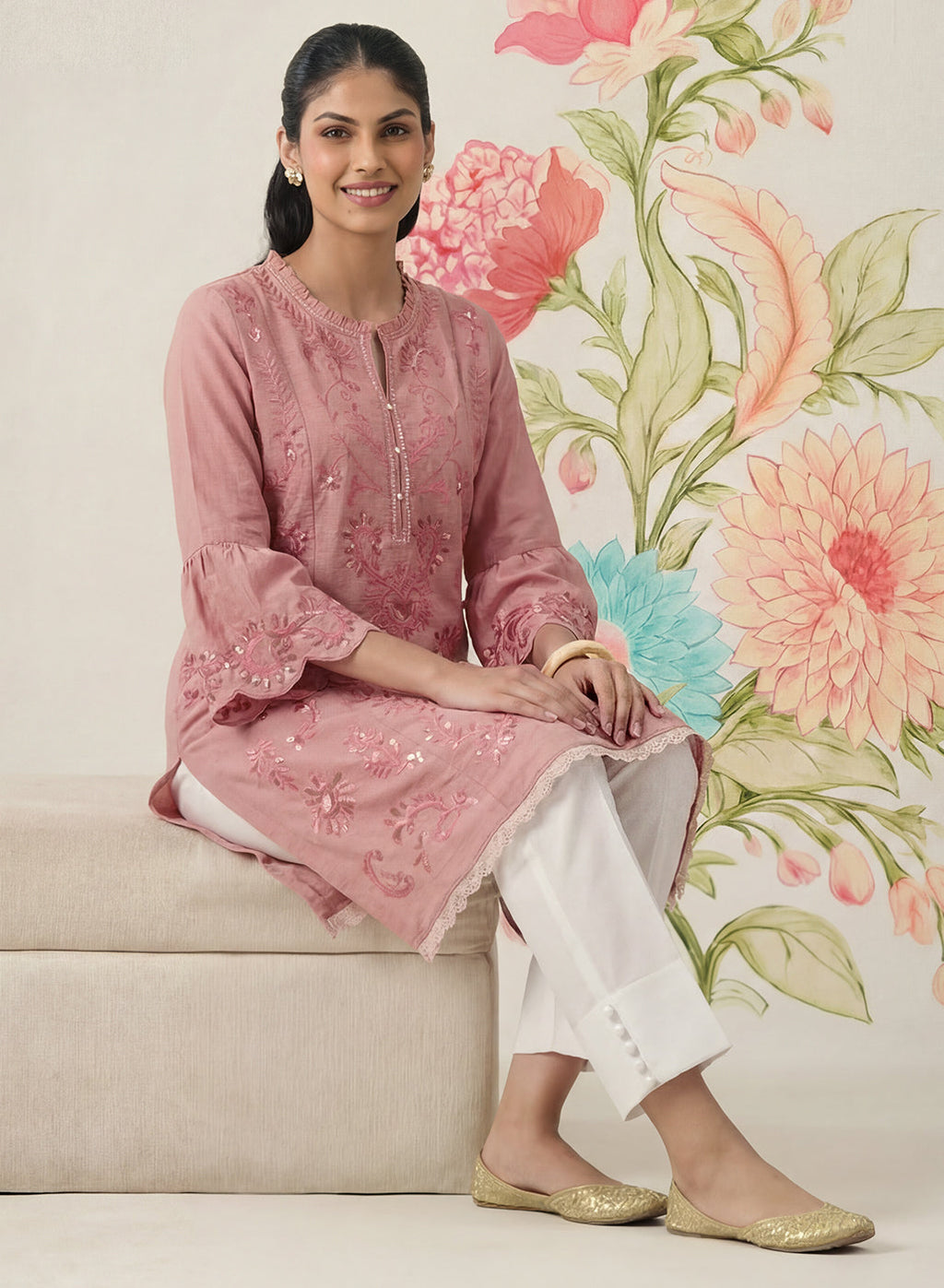 Saaj Light Pink Embroidered Cotton Blend Kurta