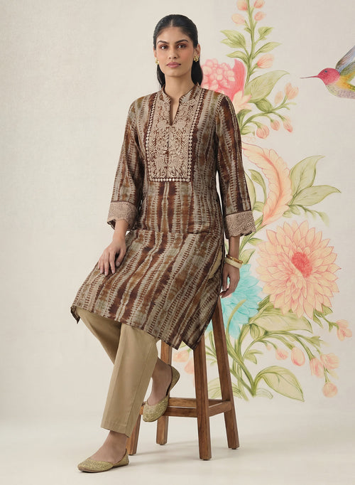 Anika Brown Printed Chanderi Straight Kurta