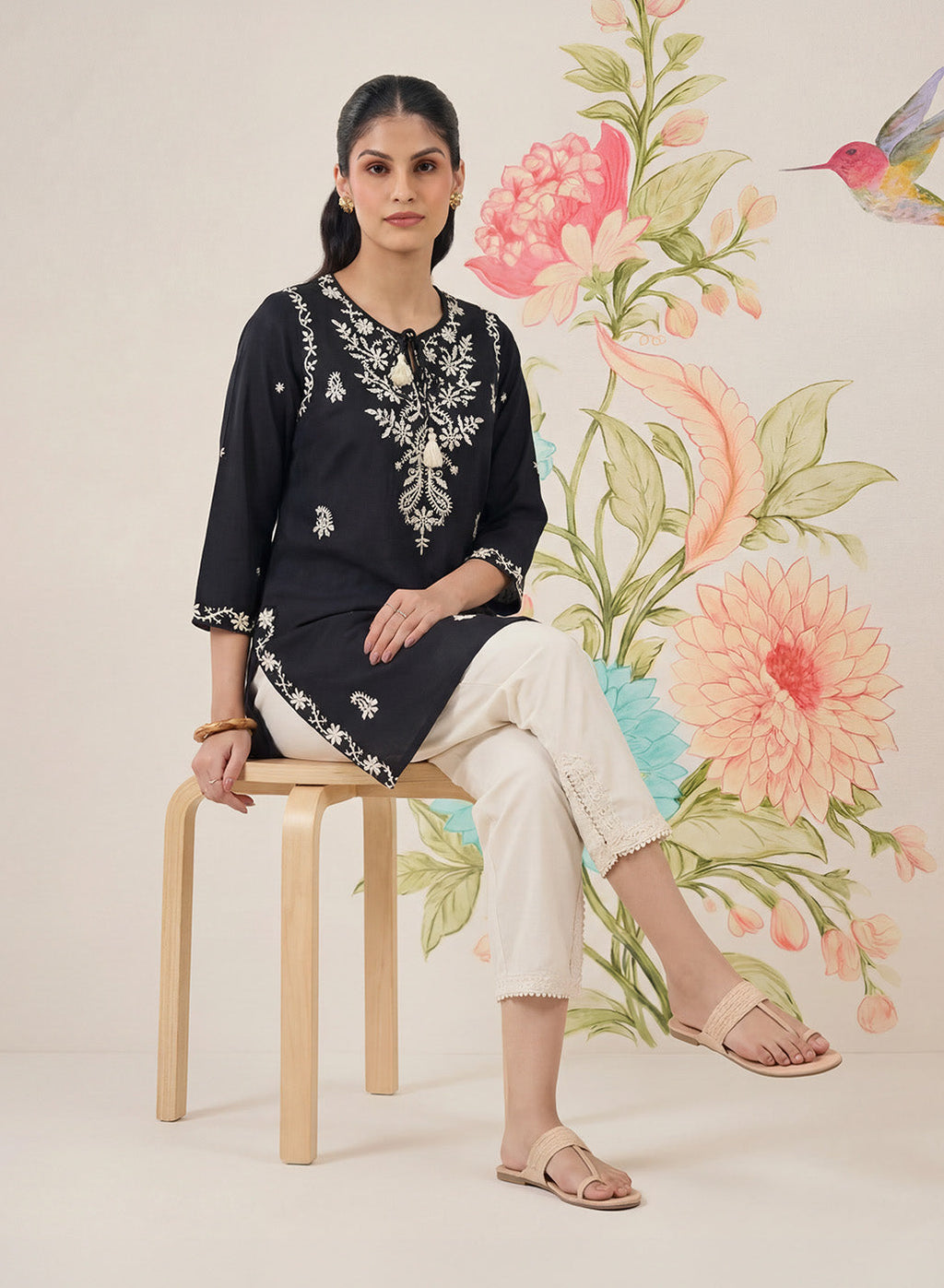 Afiya Black Cotton Blend Embroidered Kurti