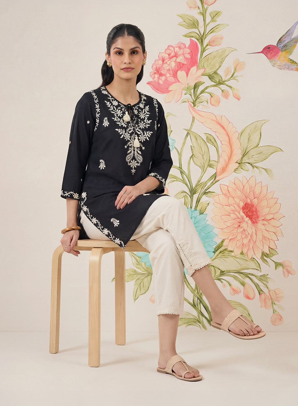 Afiya Black Cotton Blend Embroidered Kurti