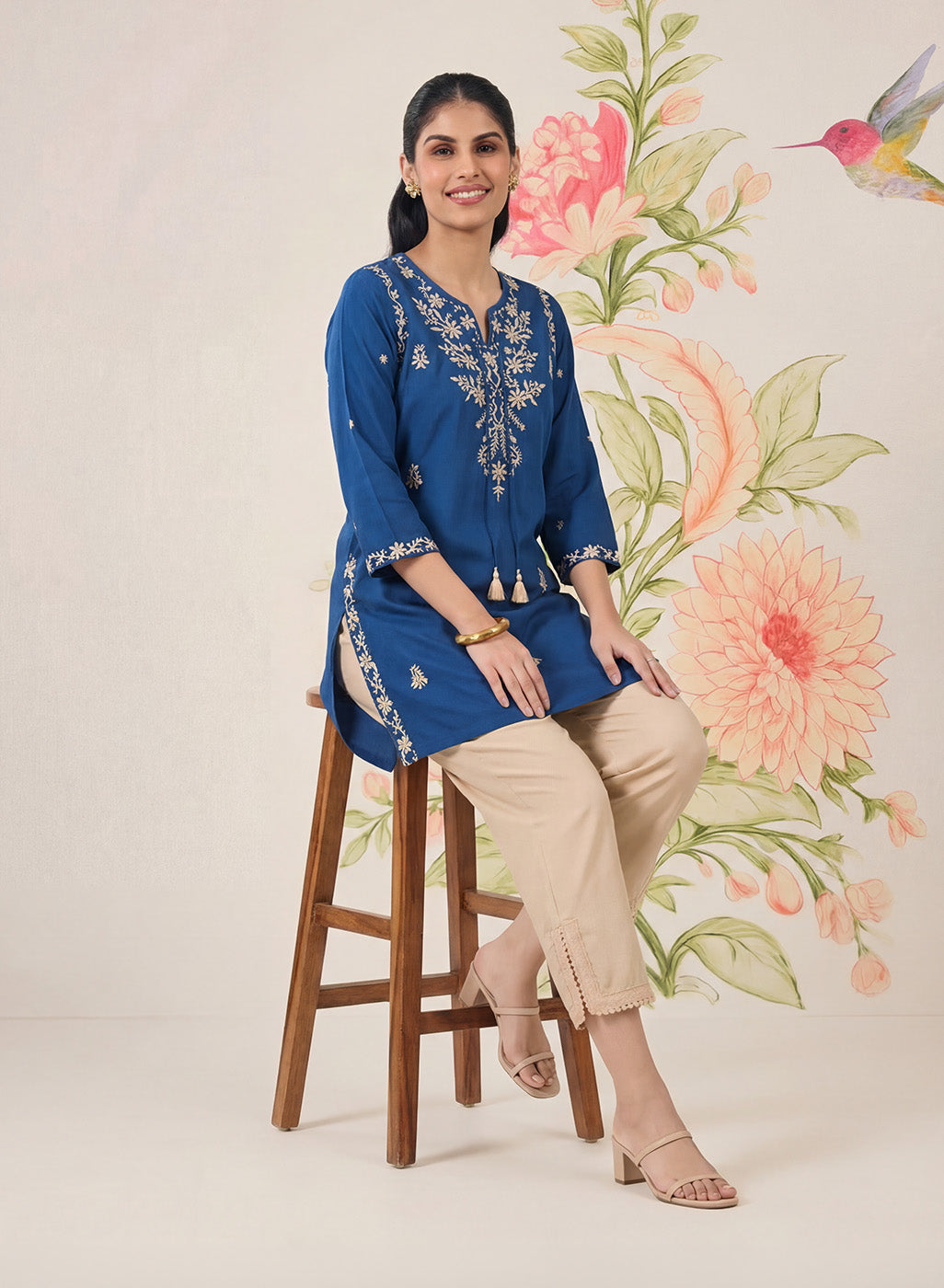 Afiya Blue Cotton Blend Embroidered Kurti