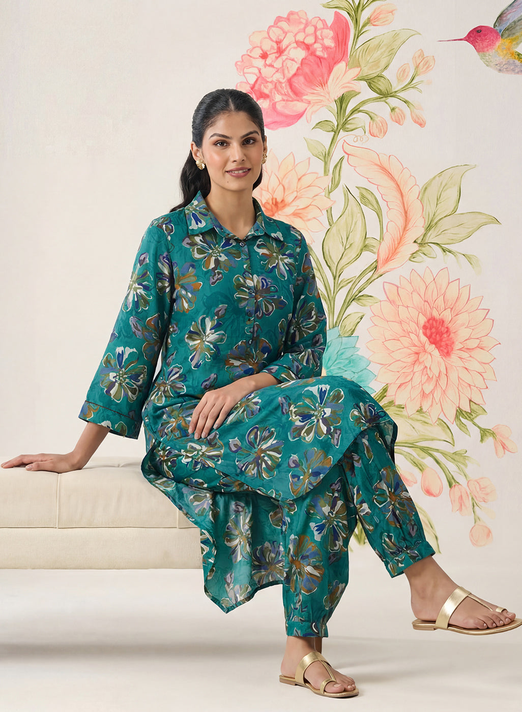 Khumari Teal Printed Cotton Blend Co-ord Set