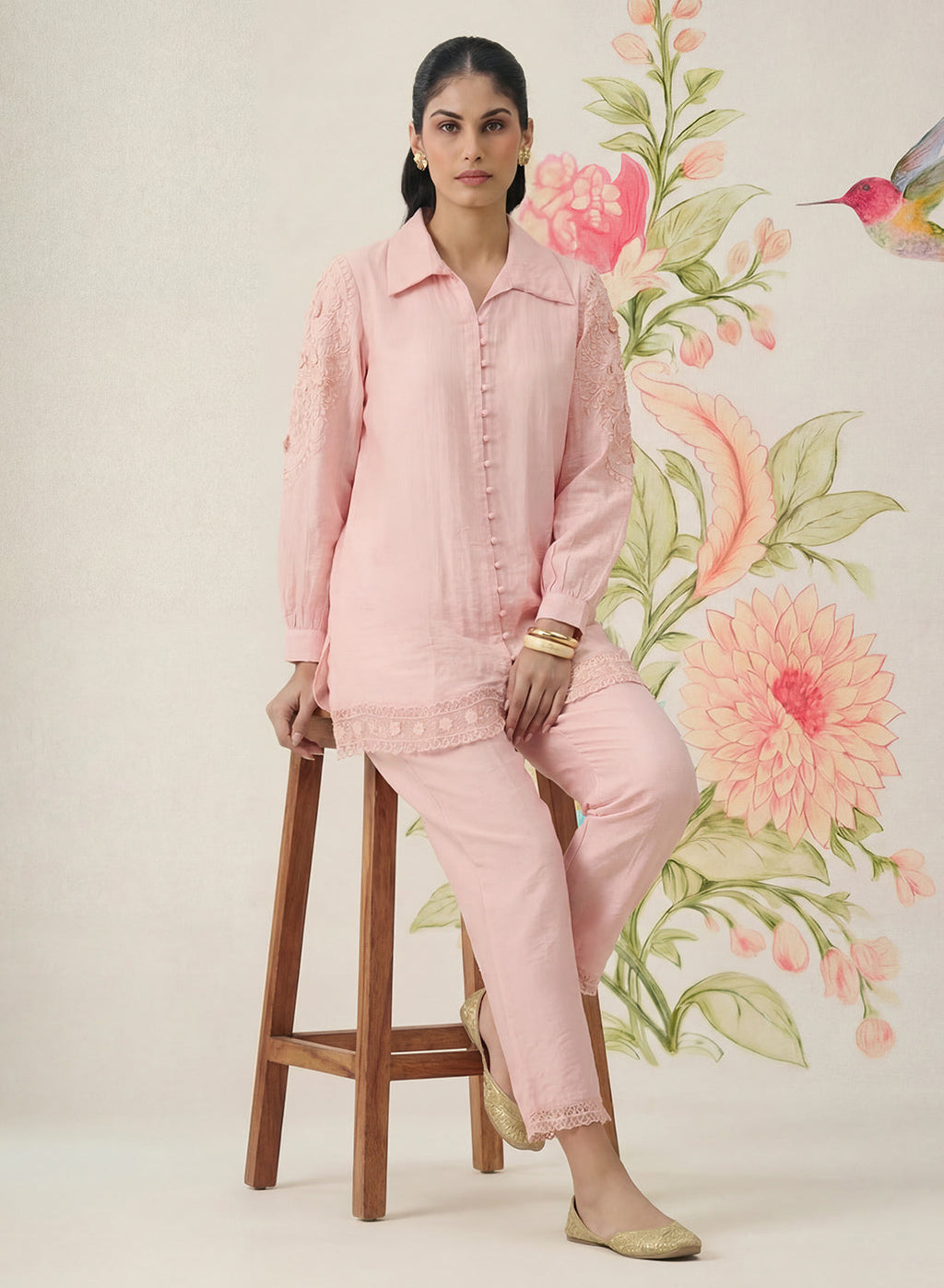 Pink Embroidered Linen Co-ord Set