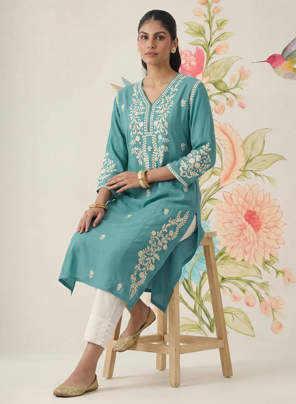 Yashvi Turquoise Cotton Blend Embroidered Kurta