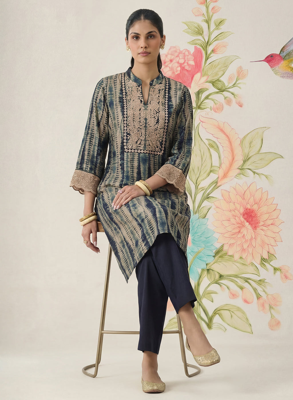 Anika Blue Printed Chanderi Straight Kurta