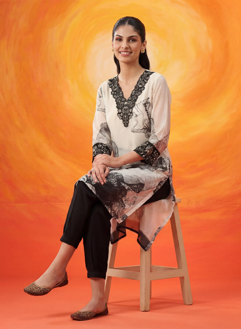 Elaf Black Printed Organza Suit Set with Dupatta