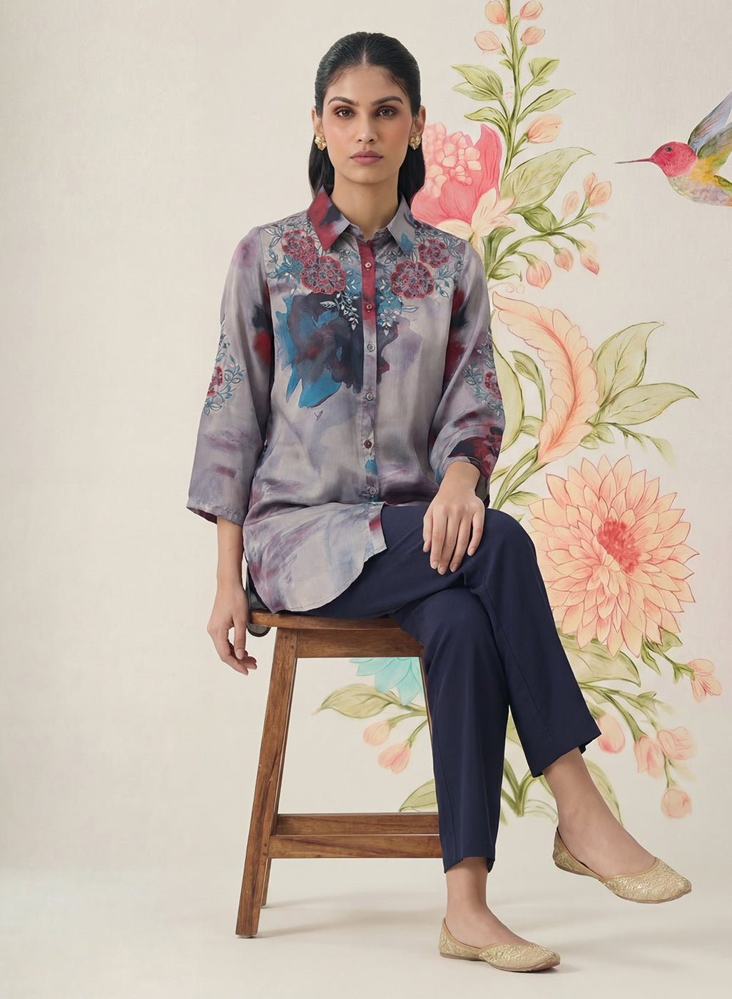 Liz Grey Printed Satin Shirt