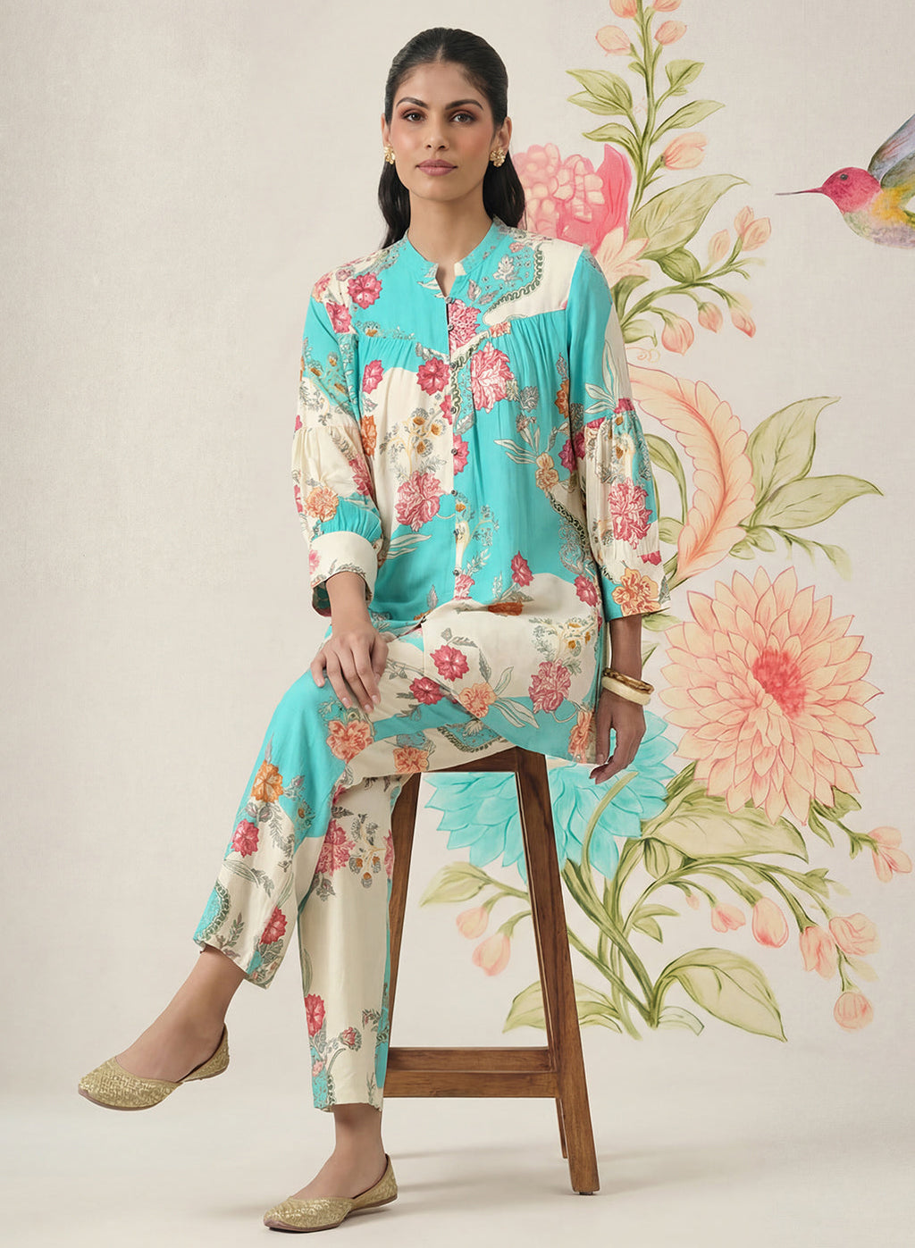 Yamika Blue Cotton Blend Printed Co-ord Set