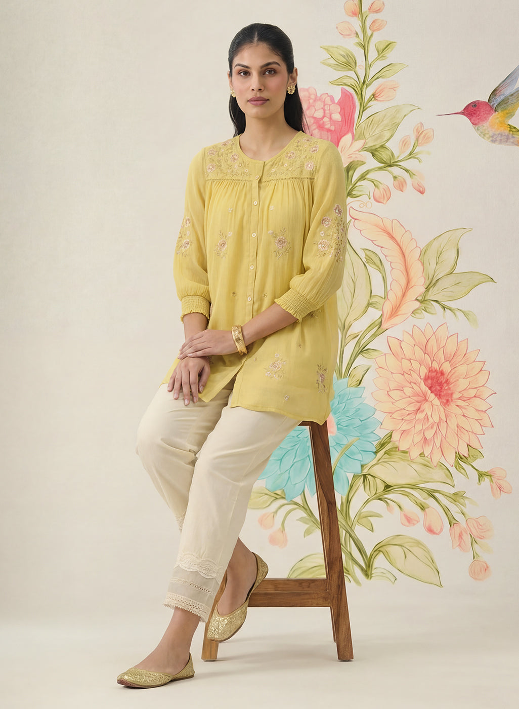 Savera Lemon Yellow Embroidered Chiffon A-line Top