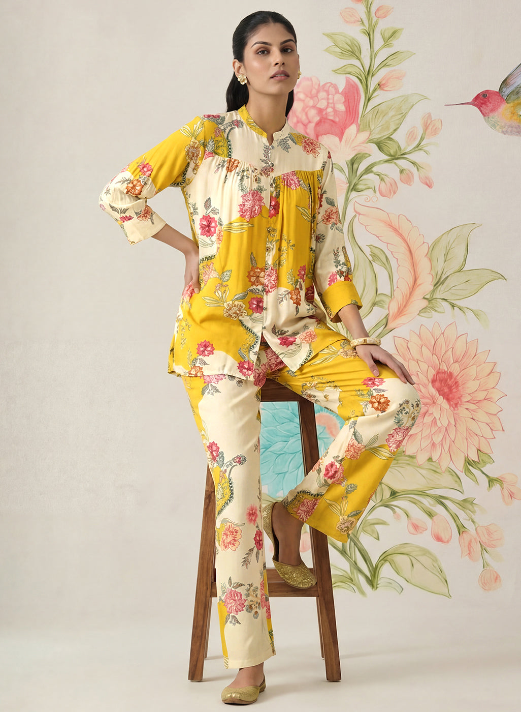 Yamika Yellow Cotton Blend Printed Co-ord Set