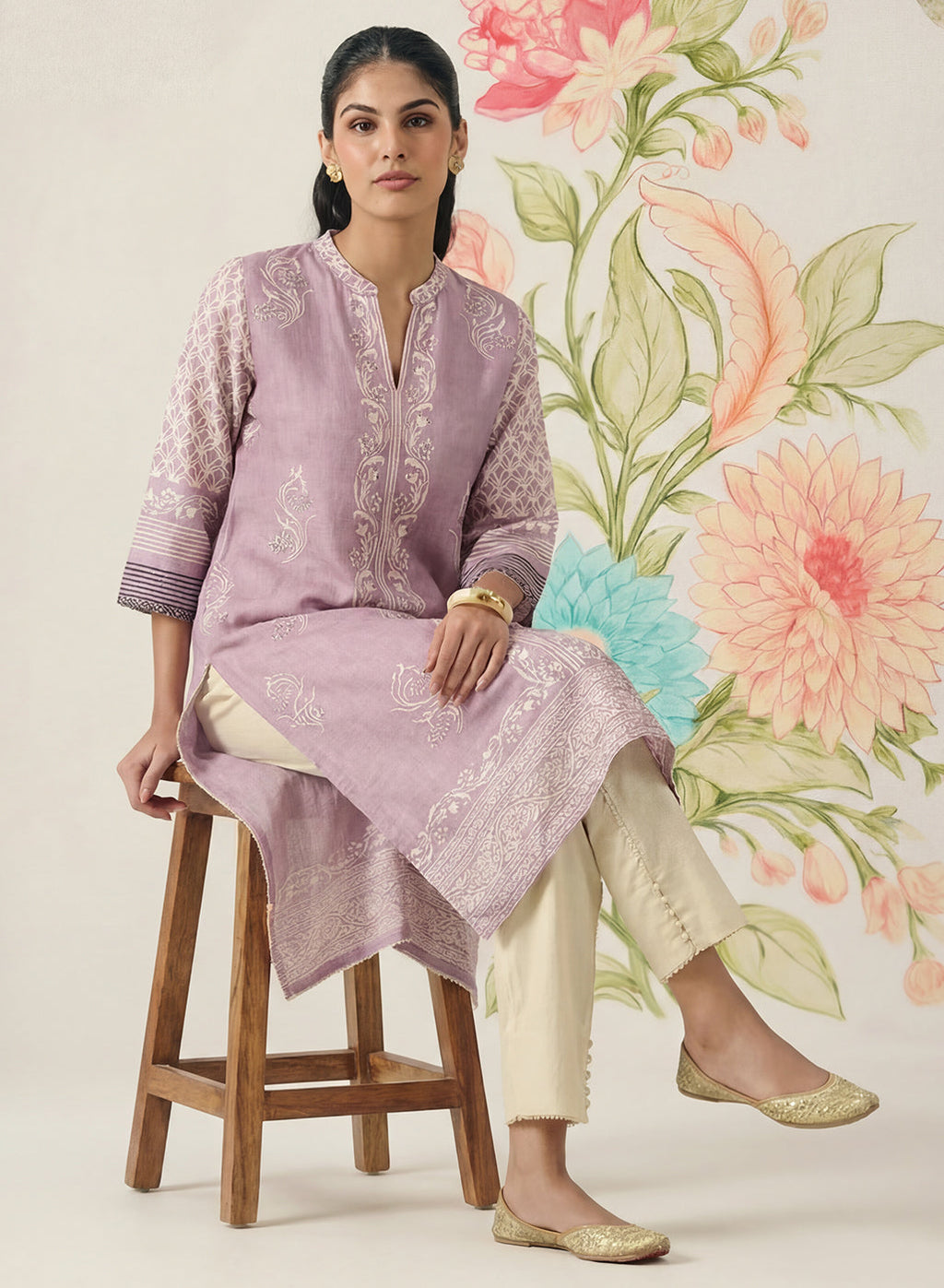 Arpora Lavender Printed Linen Straight Kurta
