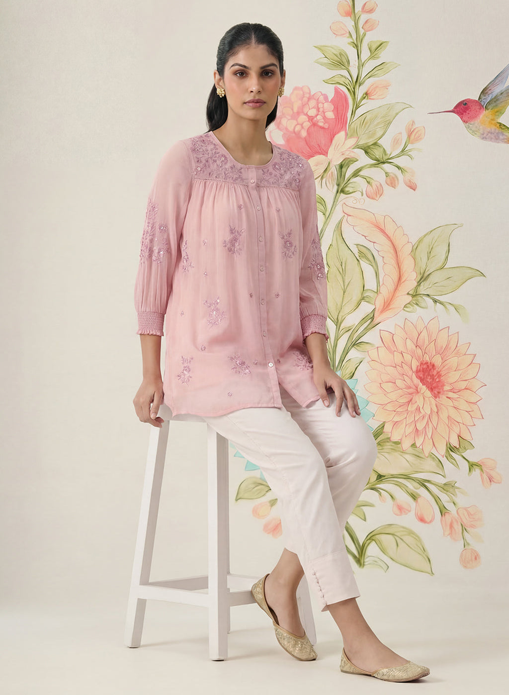 Savera Baby Pink Embroidered Chiffon A-line Top
