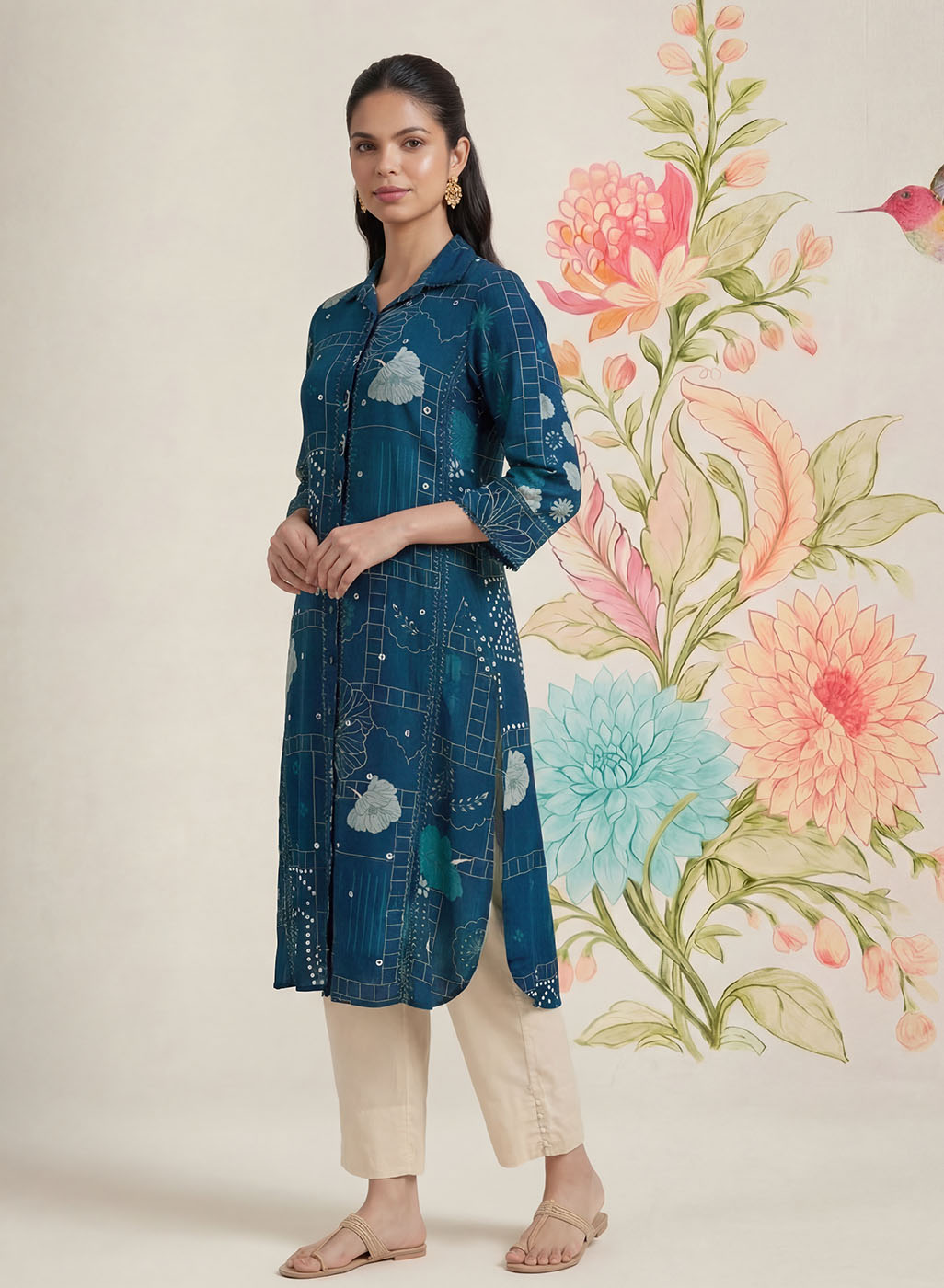 Bani Navy Printed Straight Kurti