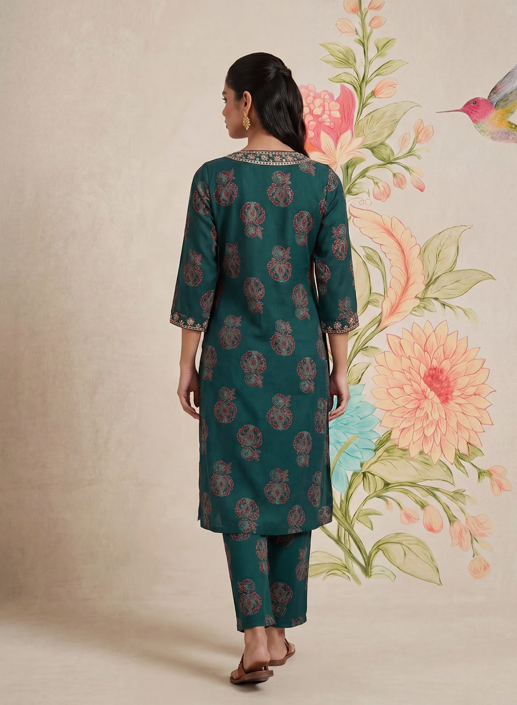 Teal Printed Cotton Blend Suit Set with Dupatta