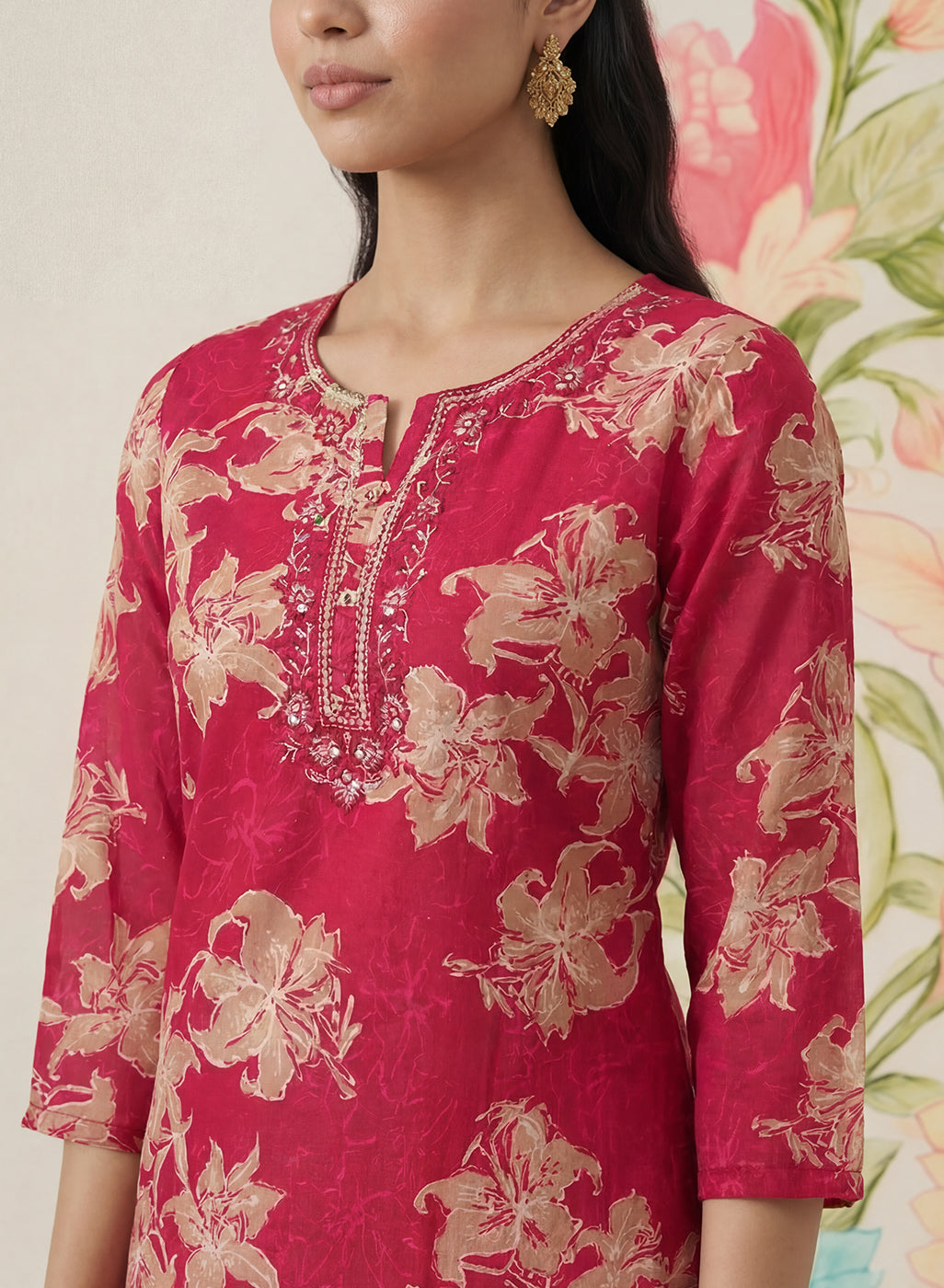 Aboli Red Floral Printed Straight Kurti