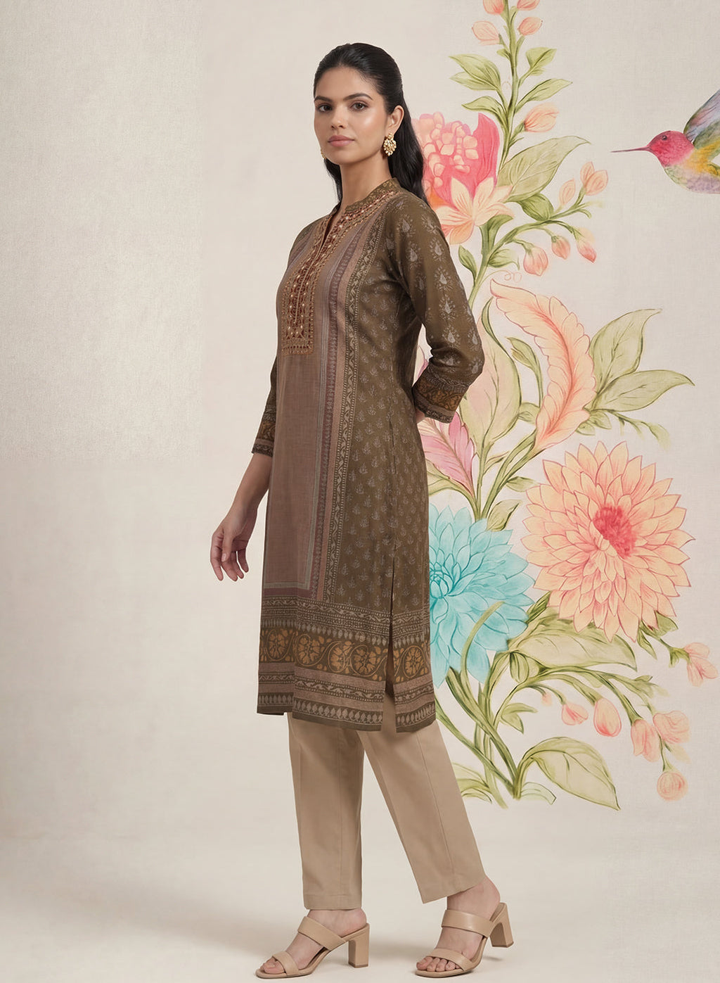 Moor Olive Printed Long Kurta